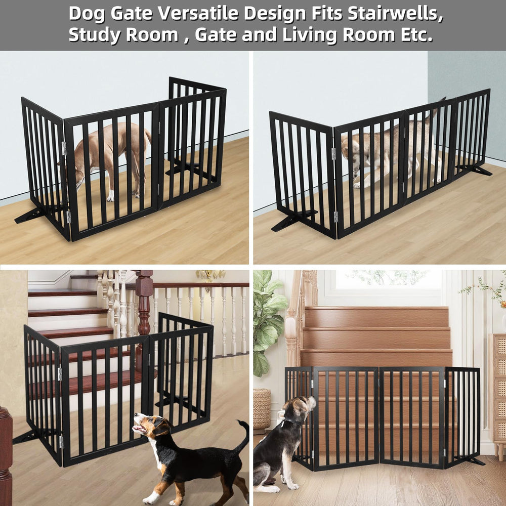 SFJC dog gate four-panel close-up highlighting sturdy stainless steel hinges.