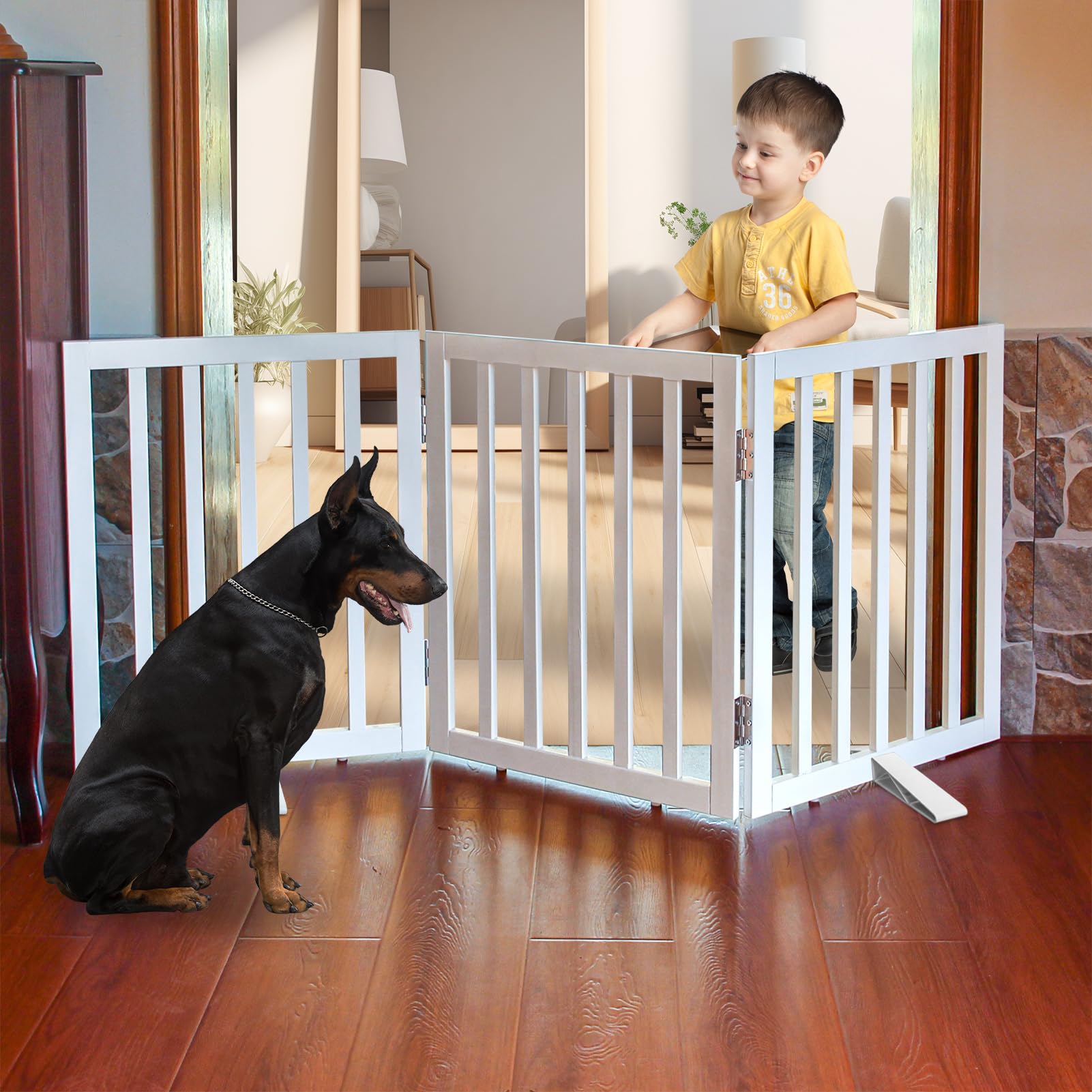 SFJC dog gate freestanding use fits doorways stairs and hallways with style