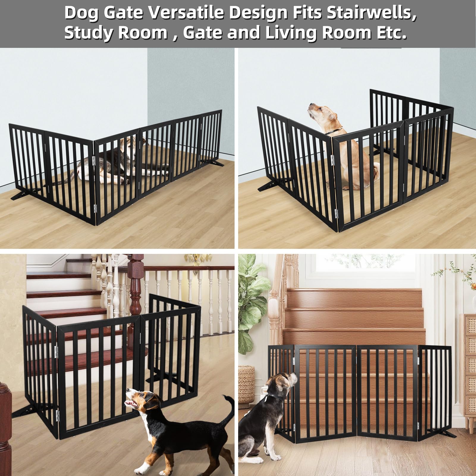 SFJC dog gate six panels connected with stainless hinges for sturdy freestanding setup.