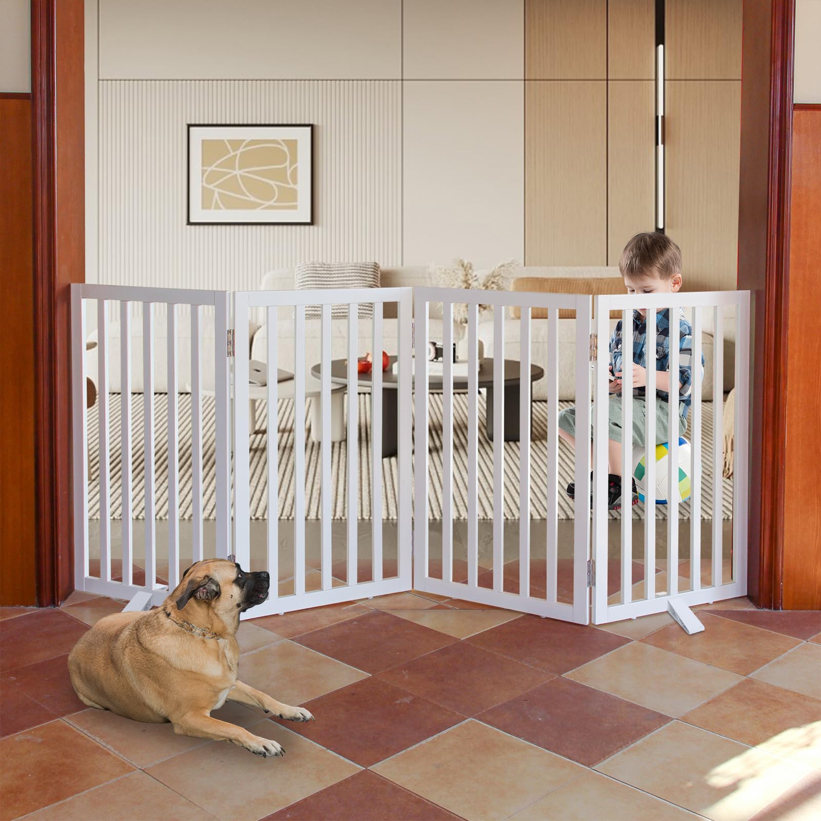 SFJC dog gate wood 4-panel assembled white showing sturdy natural wood build