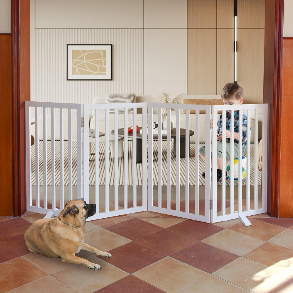 SFJC dog gate wood 4-panel assembled white showing sturdy natural wood build