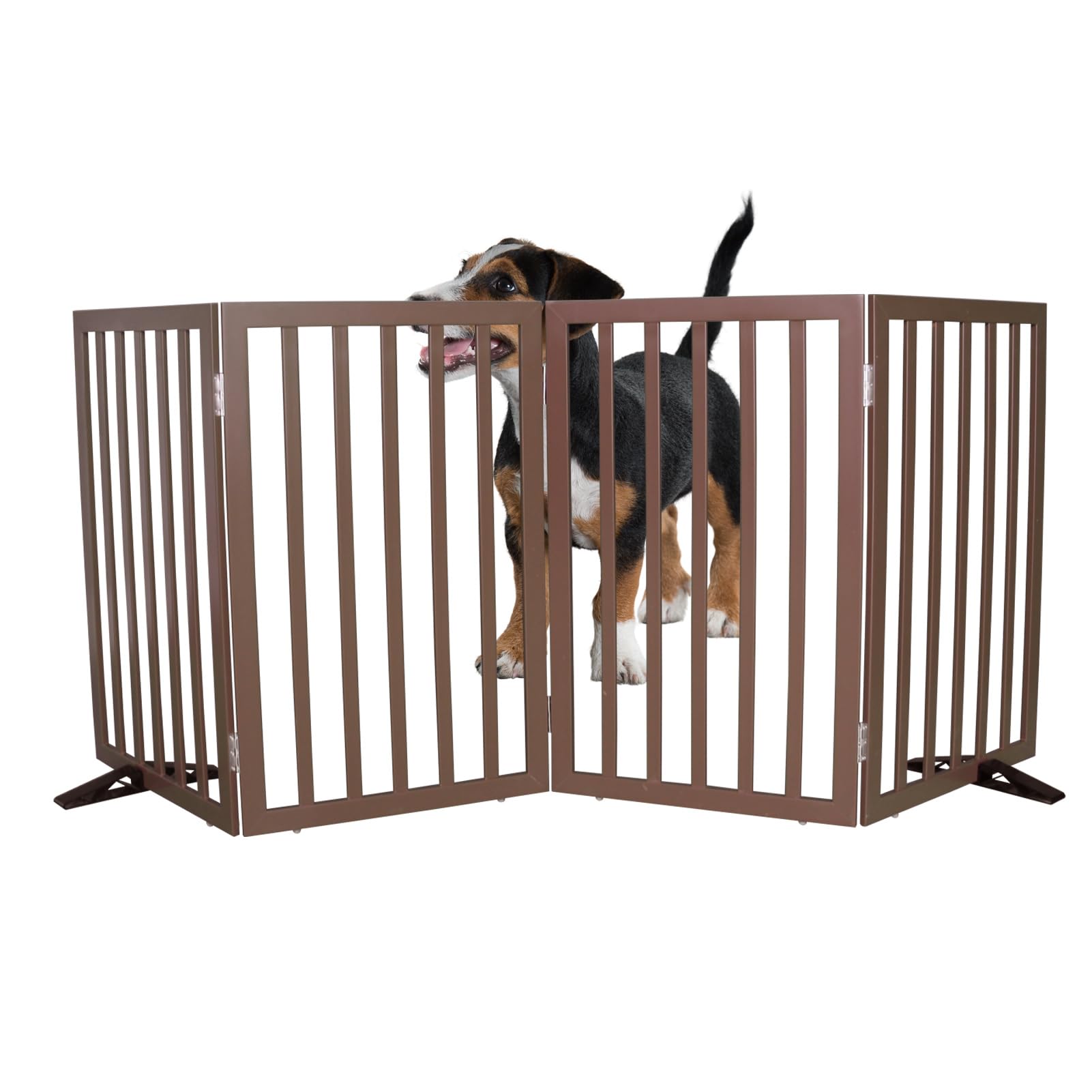 SFJC dog gate with wood finish open provides sturdy indoor barrier for pets.