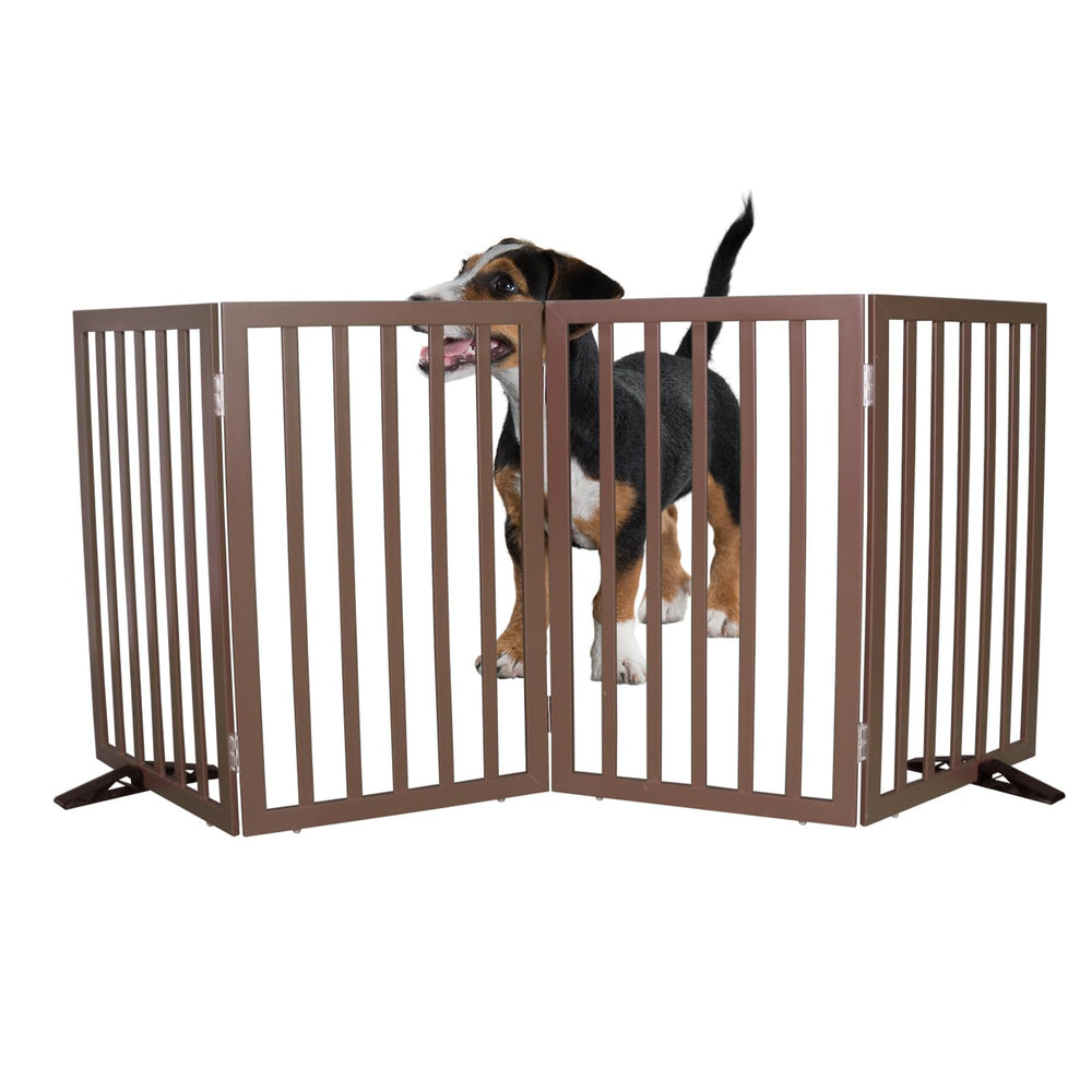 SFJC dog gate with wood finish open provides sturdy indoor barrier for pets.