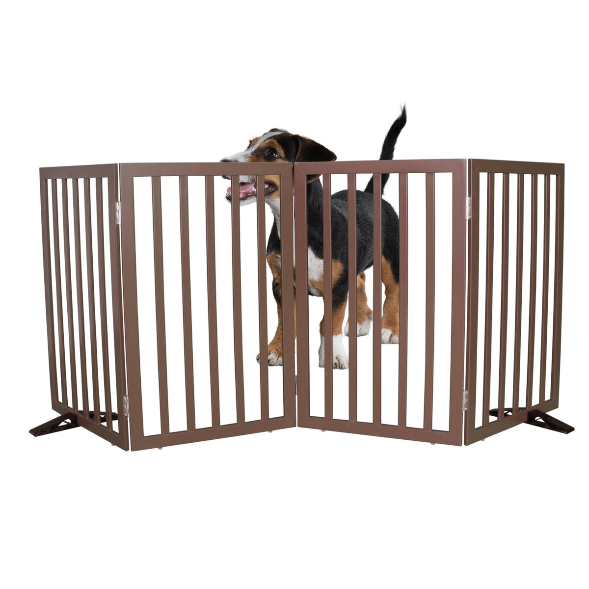 SFJC dog gate with wood finish open provides sturdy indoor barrier for pets.