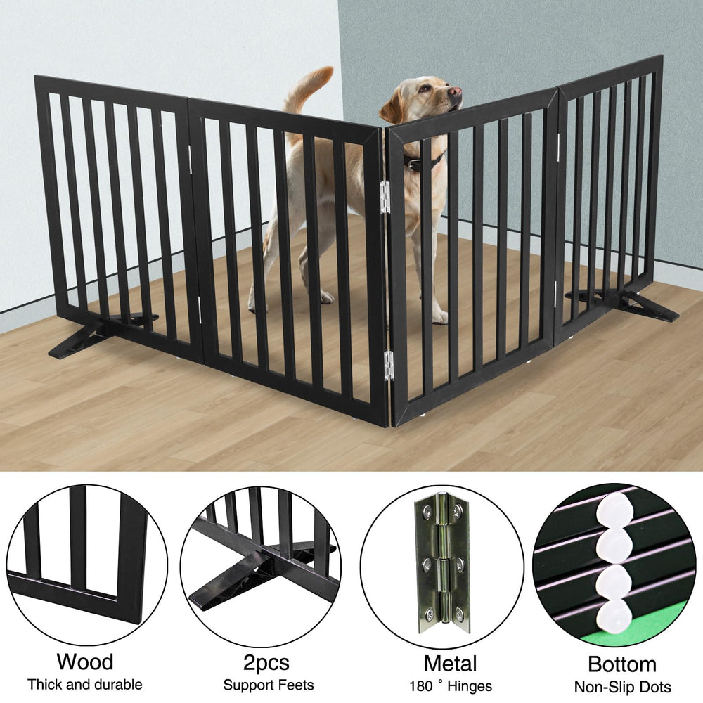 SFJC dog gate showcasing natural wood finish and protective sealant in black.