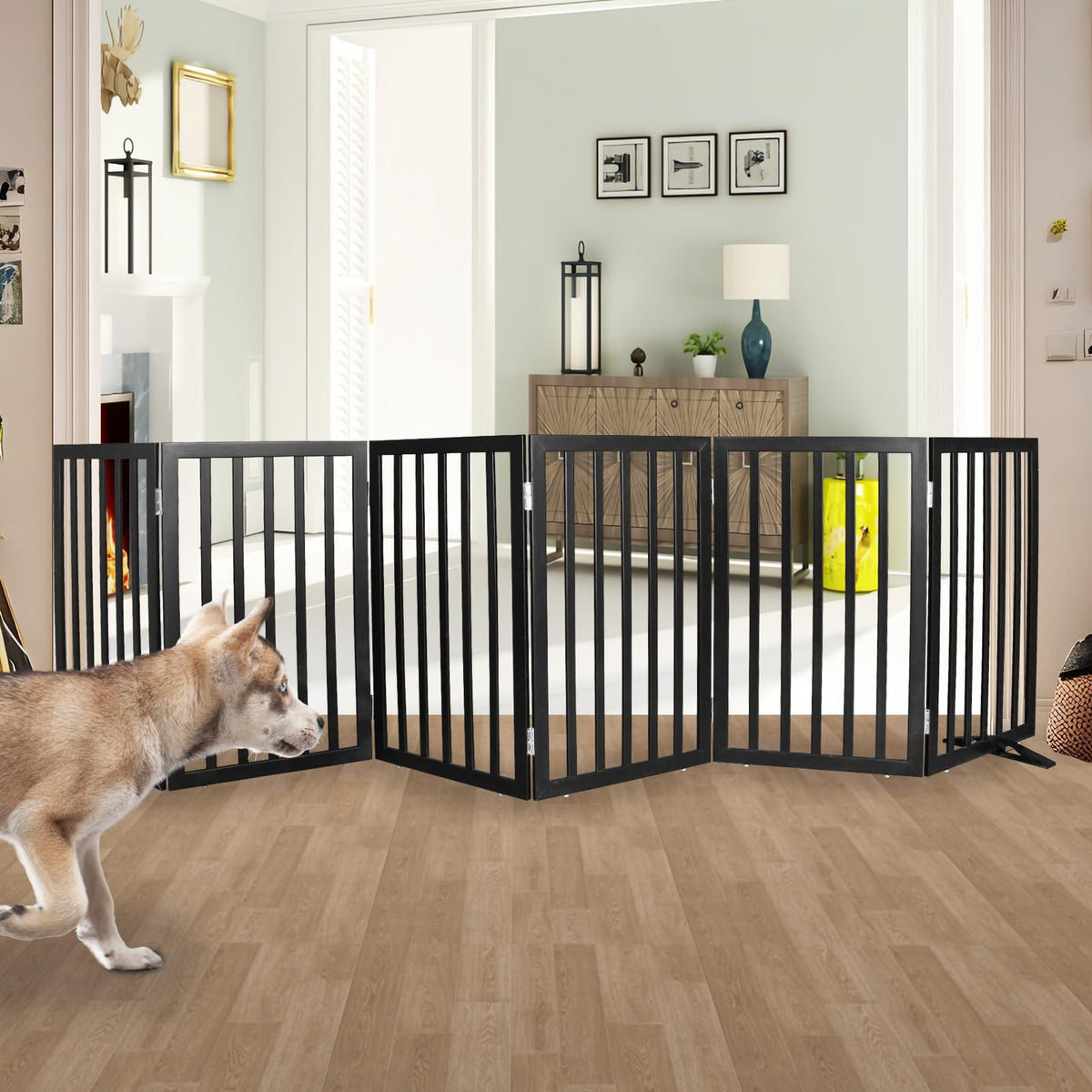 SFJC dog gate wood folding panel open for wide entry control and pet separation.
