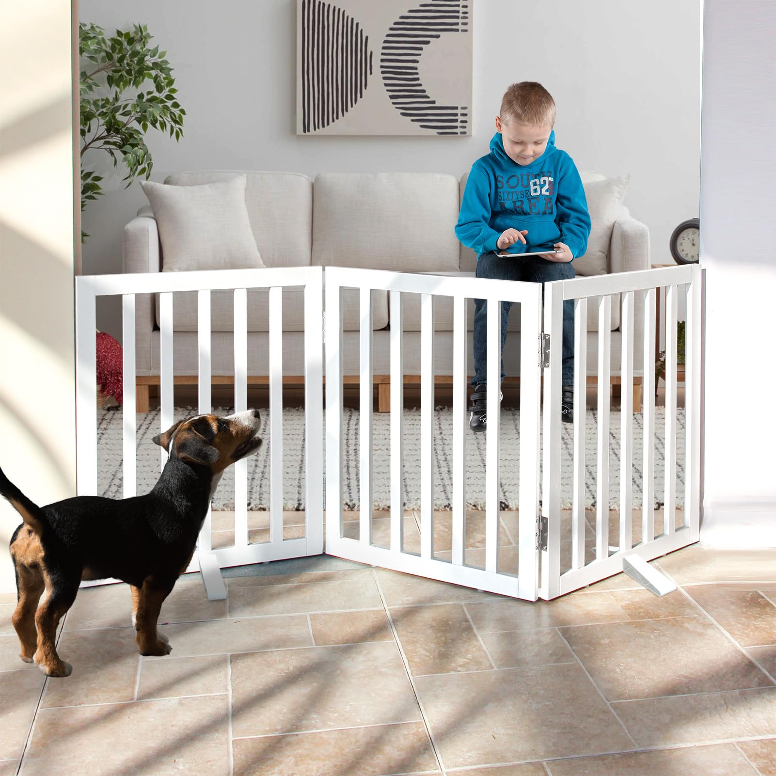 SFJC dog gate wood panel closeup shows sturdy natural wood finish for durable indoor use