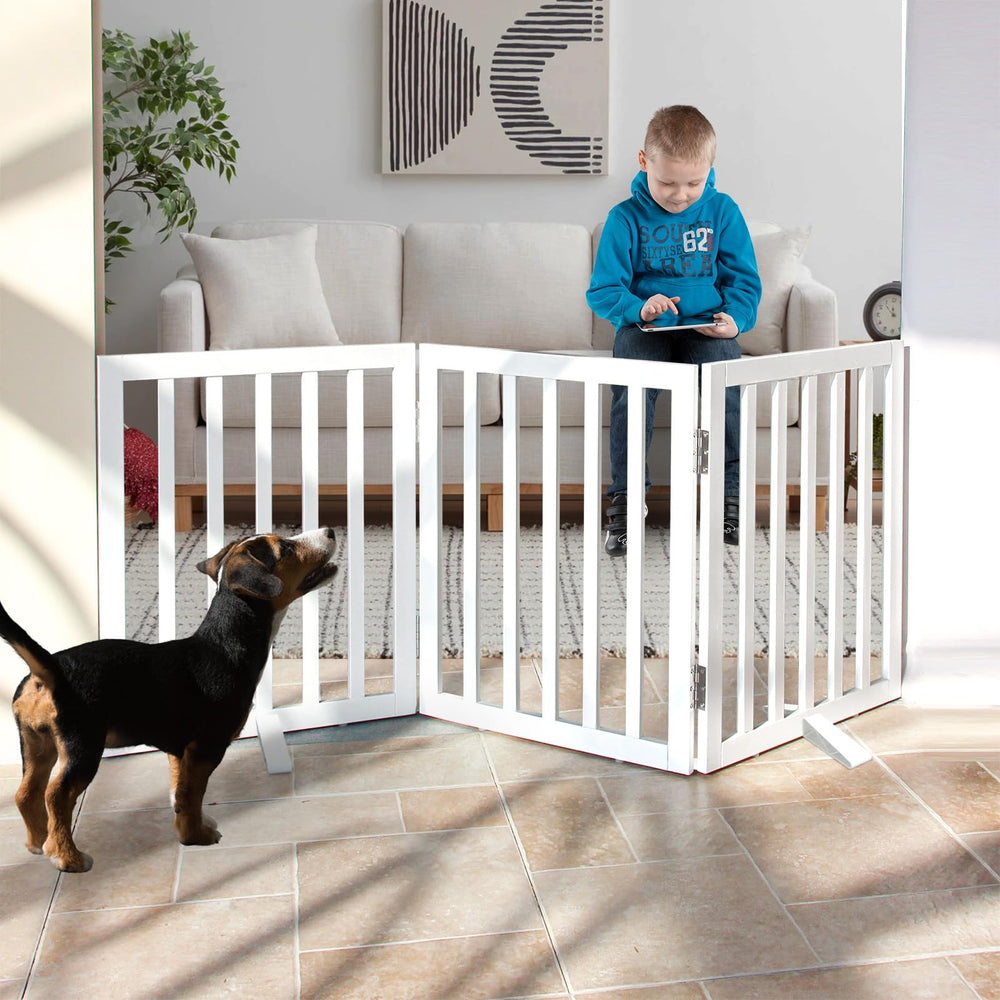 SFJC dog gate wood panel closeup shows sturdy natural wood finish for durable indoor use