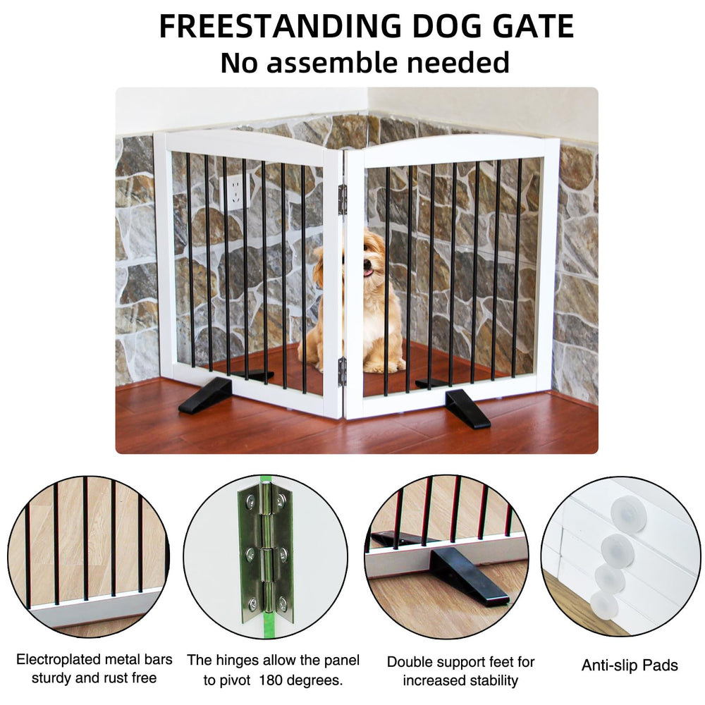 SFJC dog gate wood and steel construction provides durable indoor confinement.