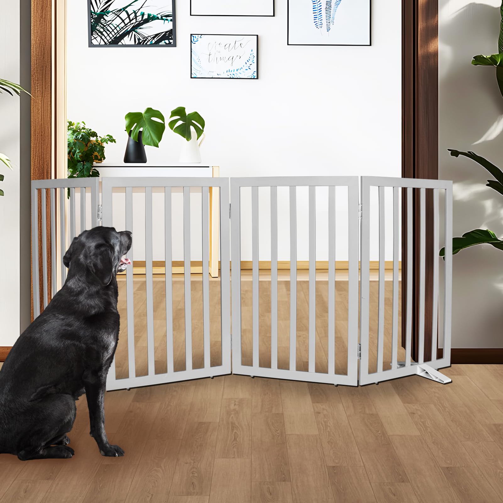 SFJC dog gate wood texture front shows sturdy interior barrier