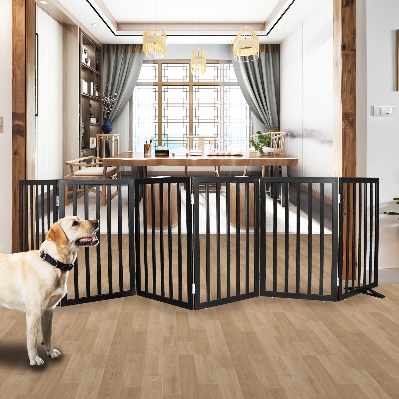 SFJC dog gate wooden 6-panels assembled for sturdy indoor barrier.