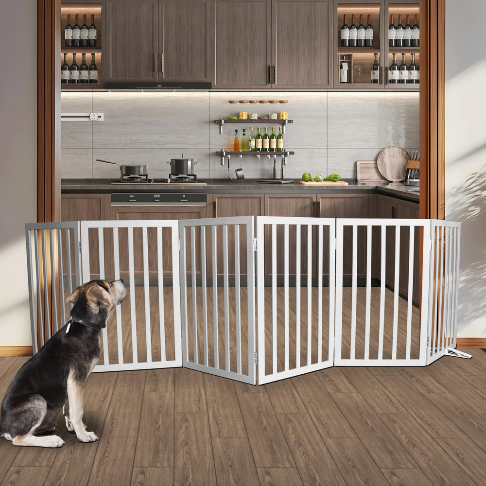 SFJC dog gate wooden side folded shows space-saving freestanding design