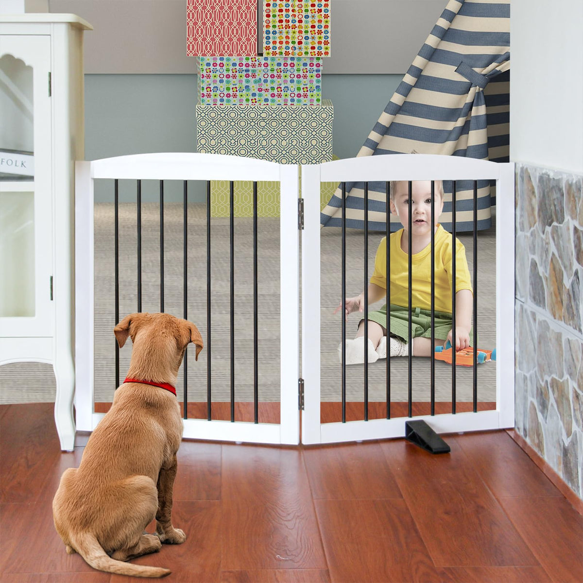 SFJC freestanding panel gate opened wide fits doorways for flexible room separation.