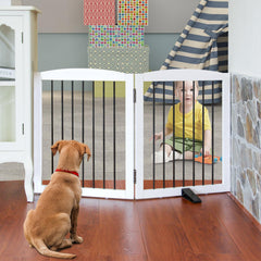 SFJC freestanding panel gate opened wide fits doorways for flexible room separation.