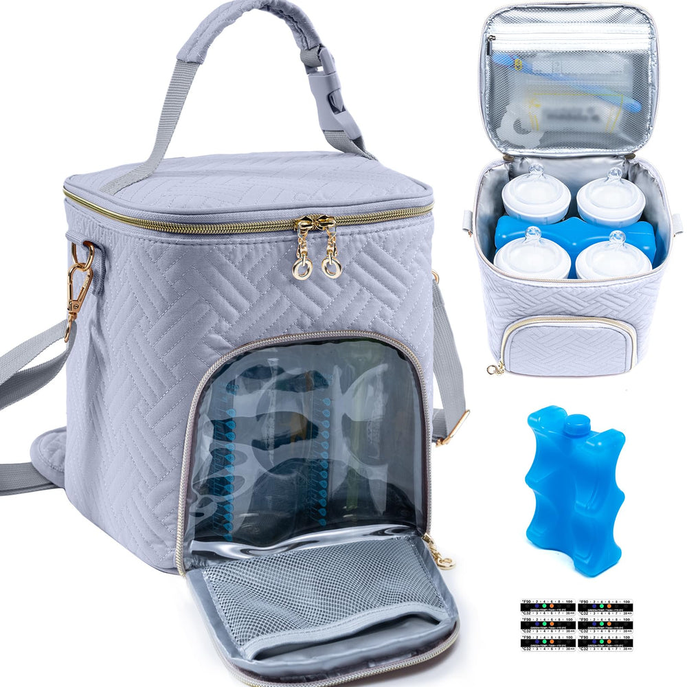 SFYBYHEART breastmilk cooler bag front view showing bottle storage for on-the-go daycare.