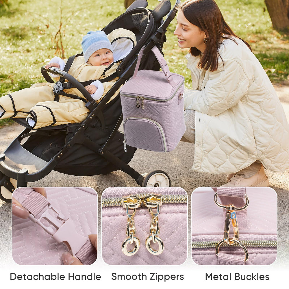 SFYBYHEART bag attached to a stroller for on-the-go feeding