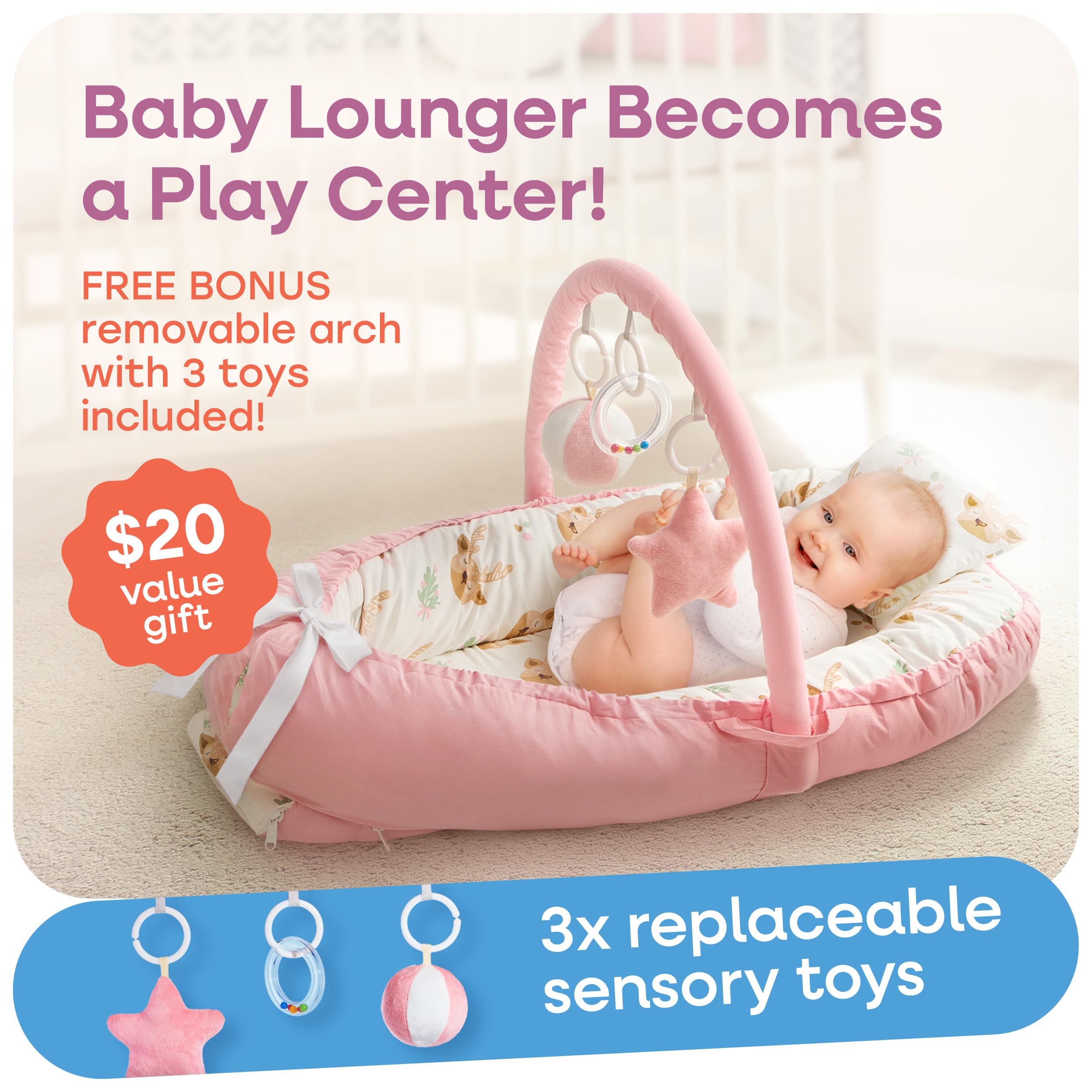 Shakid portable baby lounger pink with three toys for sensory play