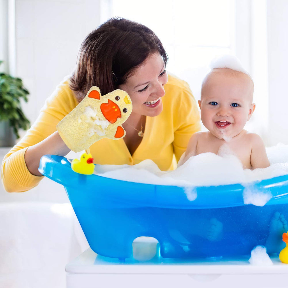 Shappy baby bath mitt hanging strap detail illustrating easy drying and storage
