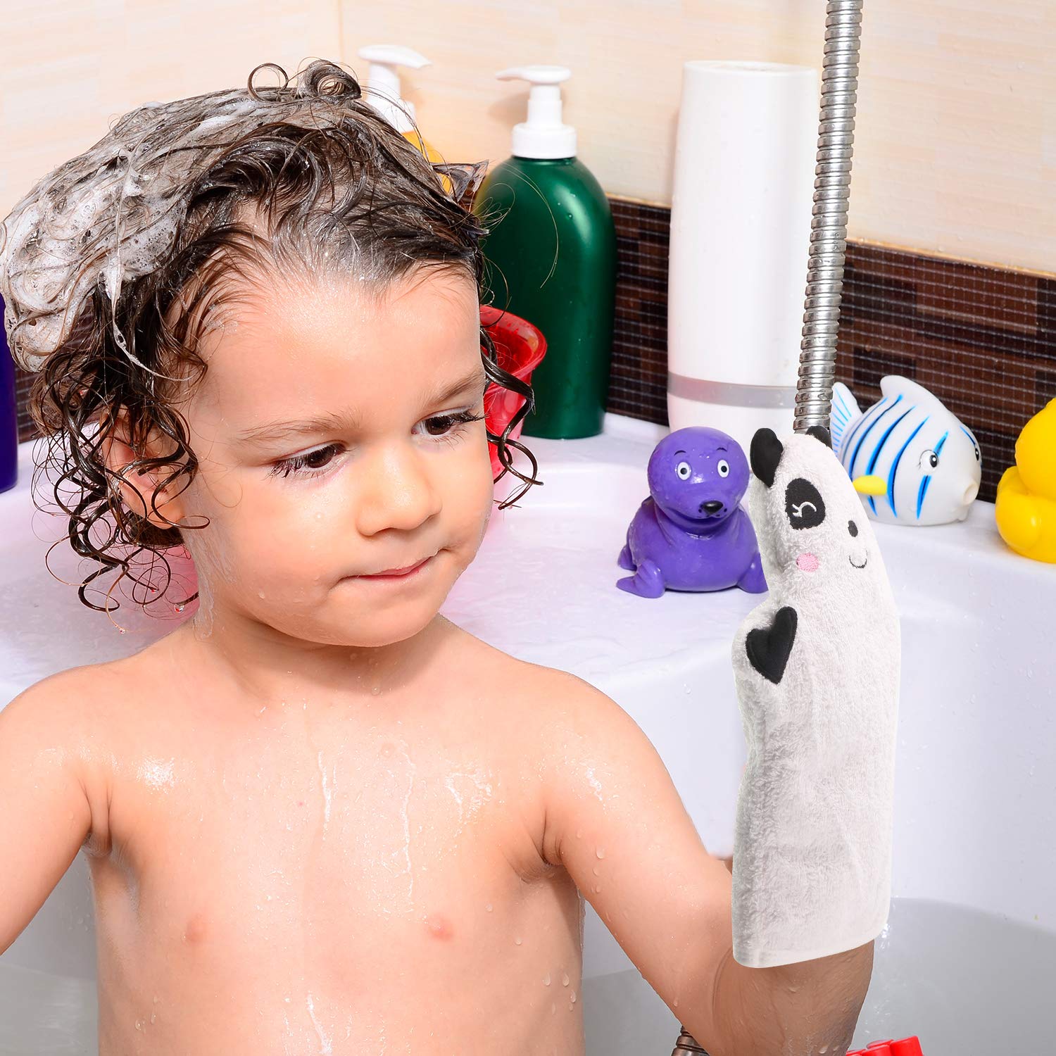 Shappy 4-piece bath mitt set packaging image showing four animal designs for kids