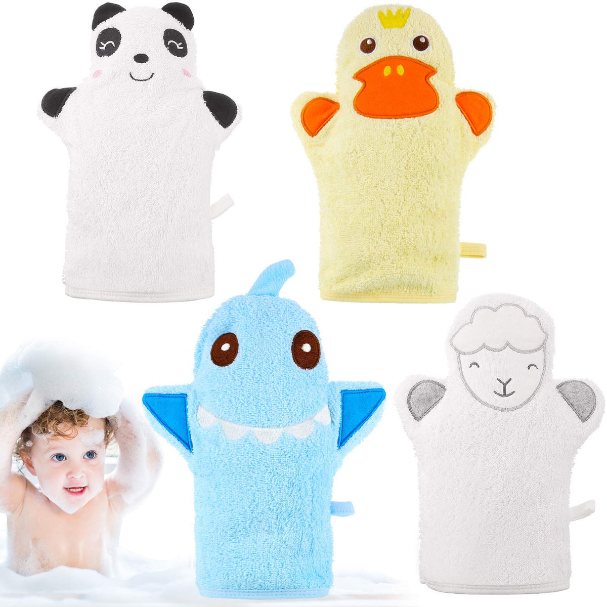Shappy baby bath mitt yellow duck front view for gentle scrubbing during bath time
