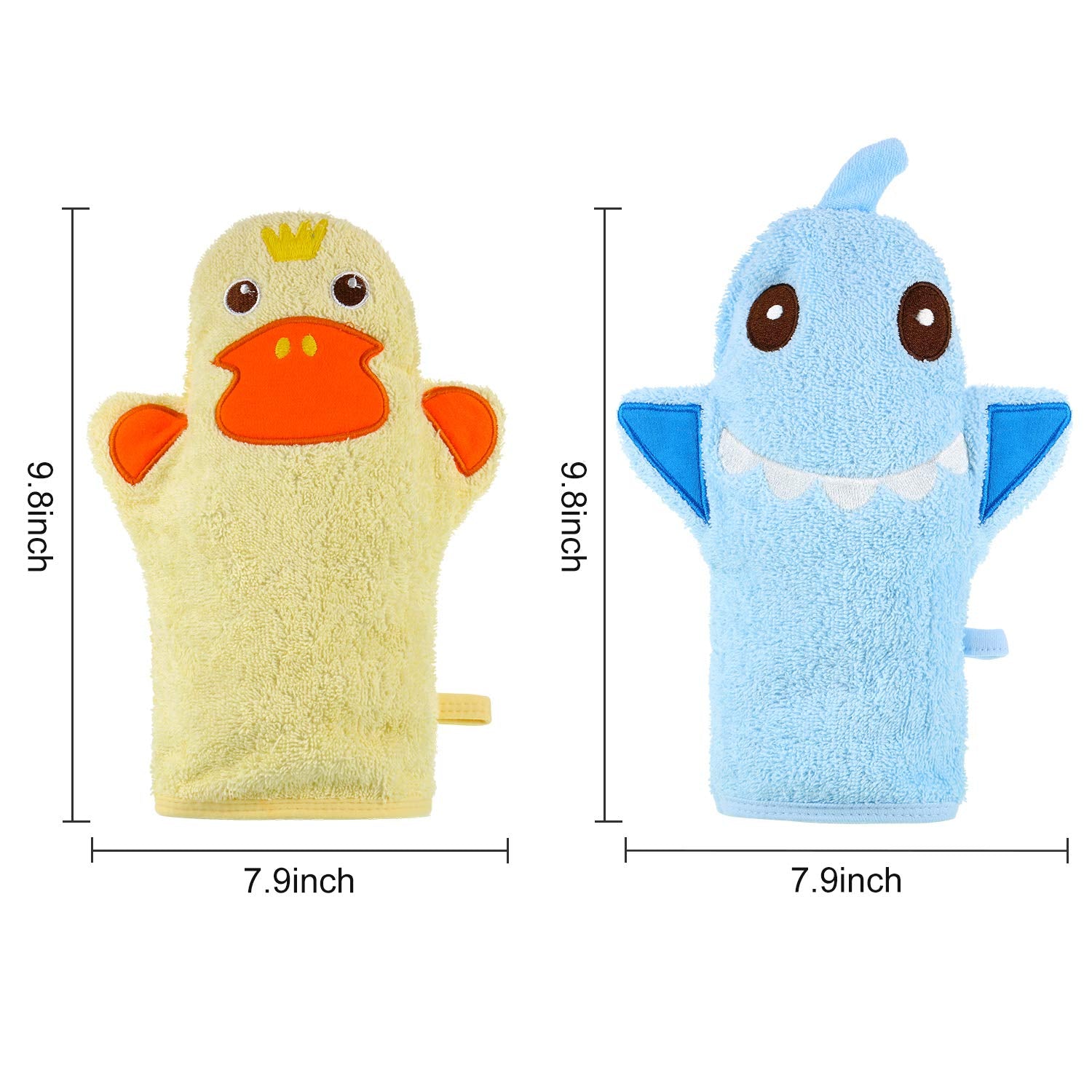 Shappy shark bath mitt in blue with soft texture for easy foaming.