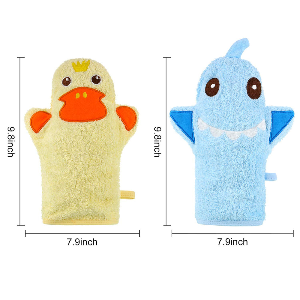 Shappy shark bath mitt in blue with soft texture for easy foaming.