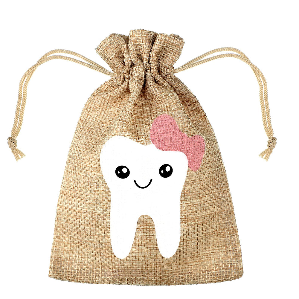 Shappy tooth fairy bag pink with teeth pattern keeps your child's tooth safe.