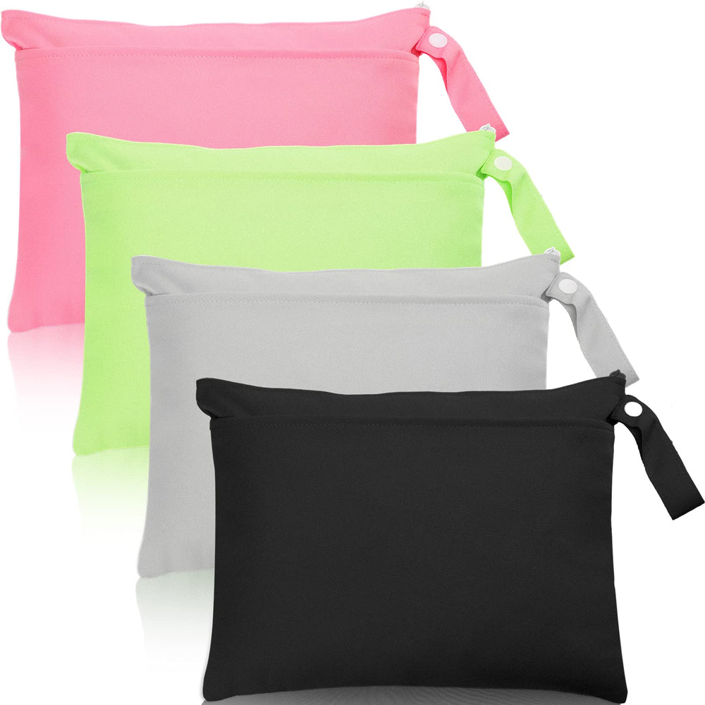 Shappy wet dry bag four-piece set front view in four colors for on-the-go diapering