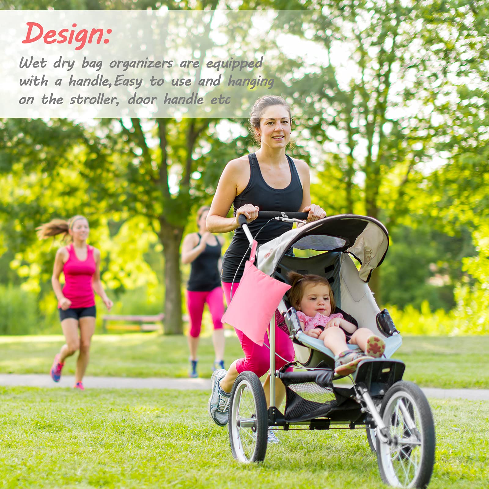 Shappy wet dry bag in use with stroller or gym bag for organized travel