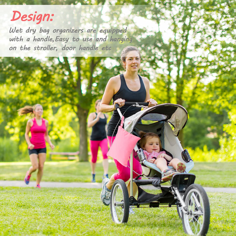 Shappy wet dry bag in use with stroller or gym bag for organized travel