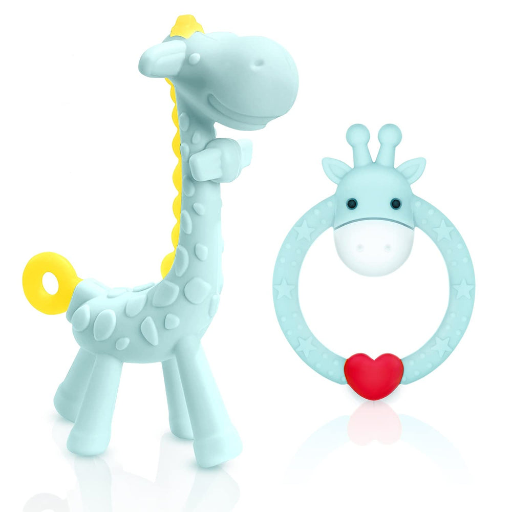 Share&Care silicone giraffe teether blue provides gentle gum relief for teething babies.