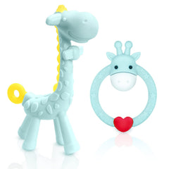 Share&Care silicone giraffe teether blue provides gentle gum relief for teething babies.