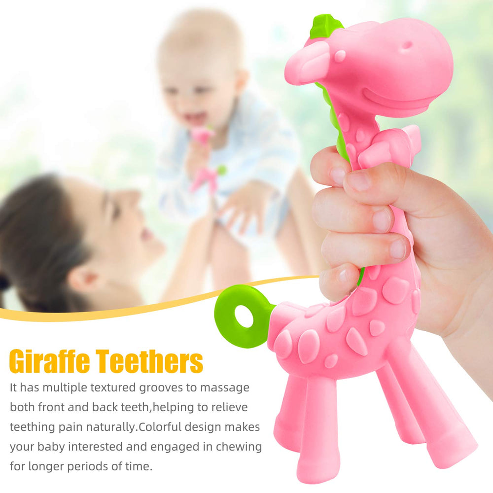 SHARE&CARE giraffe teether pink in hand, easy-grip design supports baby coordination.
