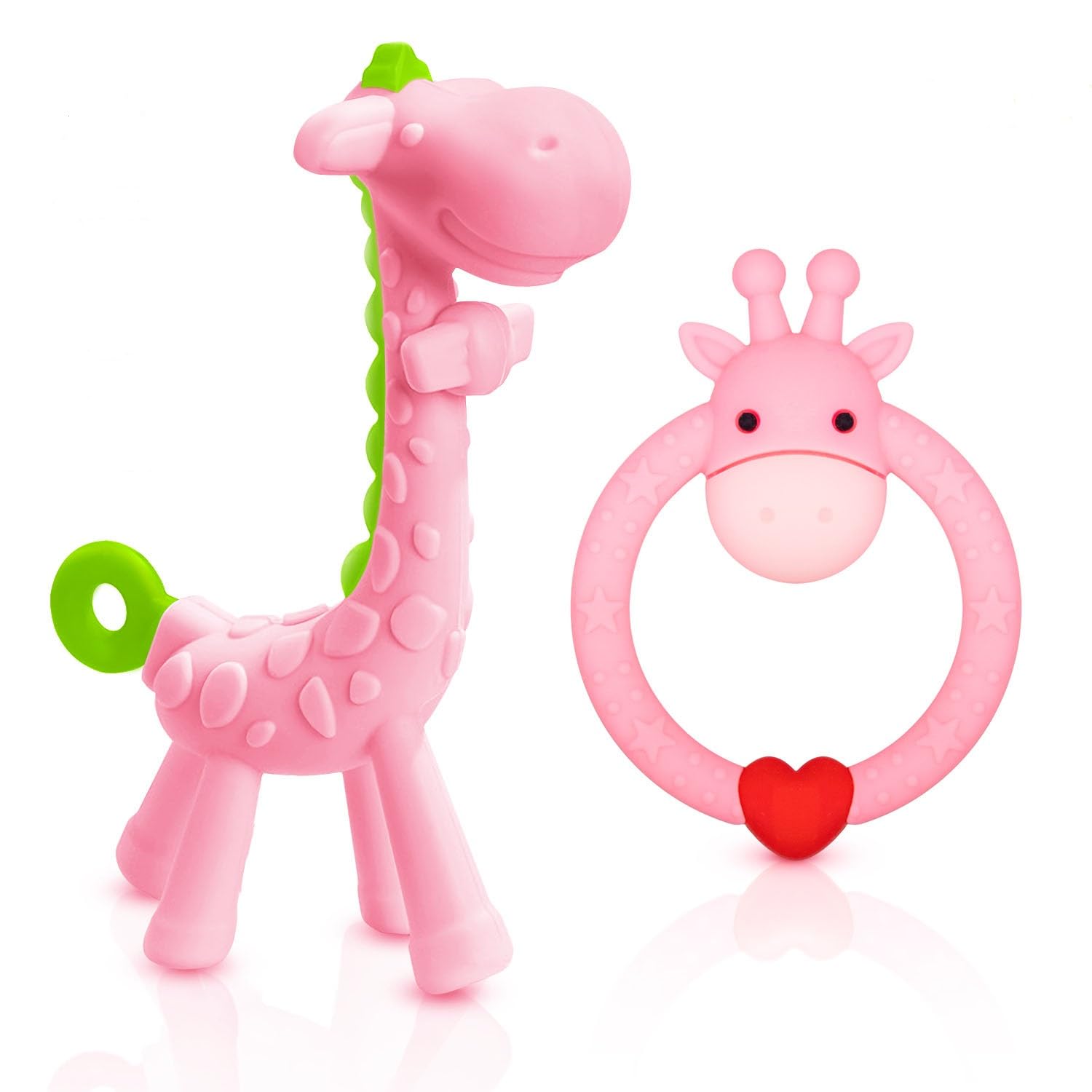 SHARE&CARE BPA-free silicone giraffe teether pink close-up; soothing gums during teething.