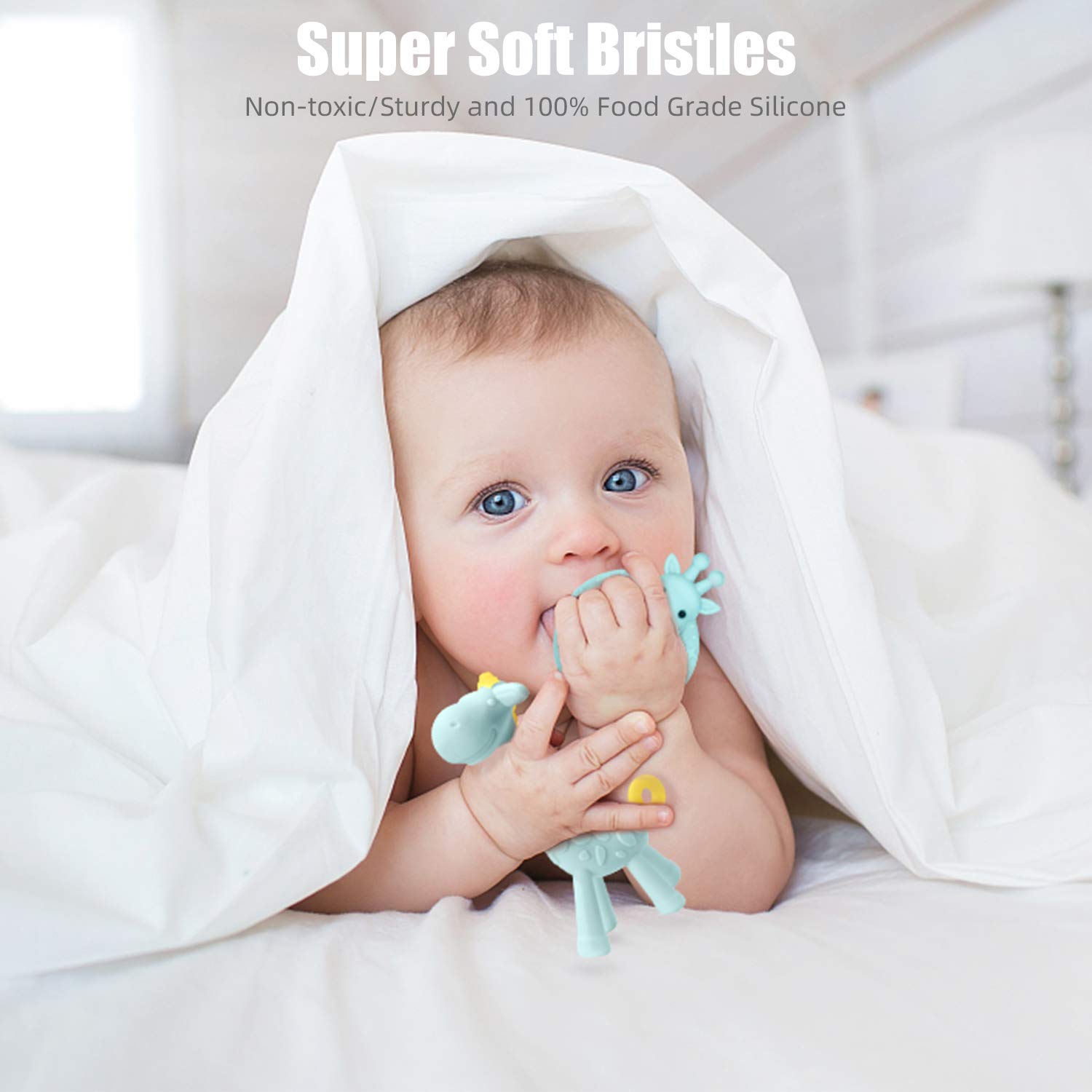 Share&Care blue teether with ten colors attracts baby's attention during teething.