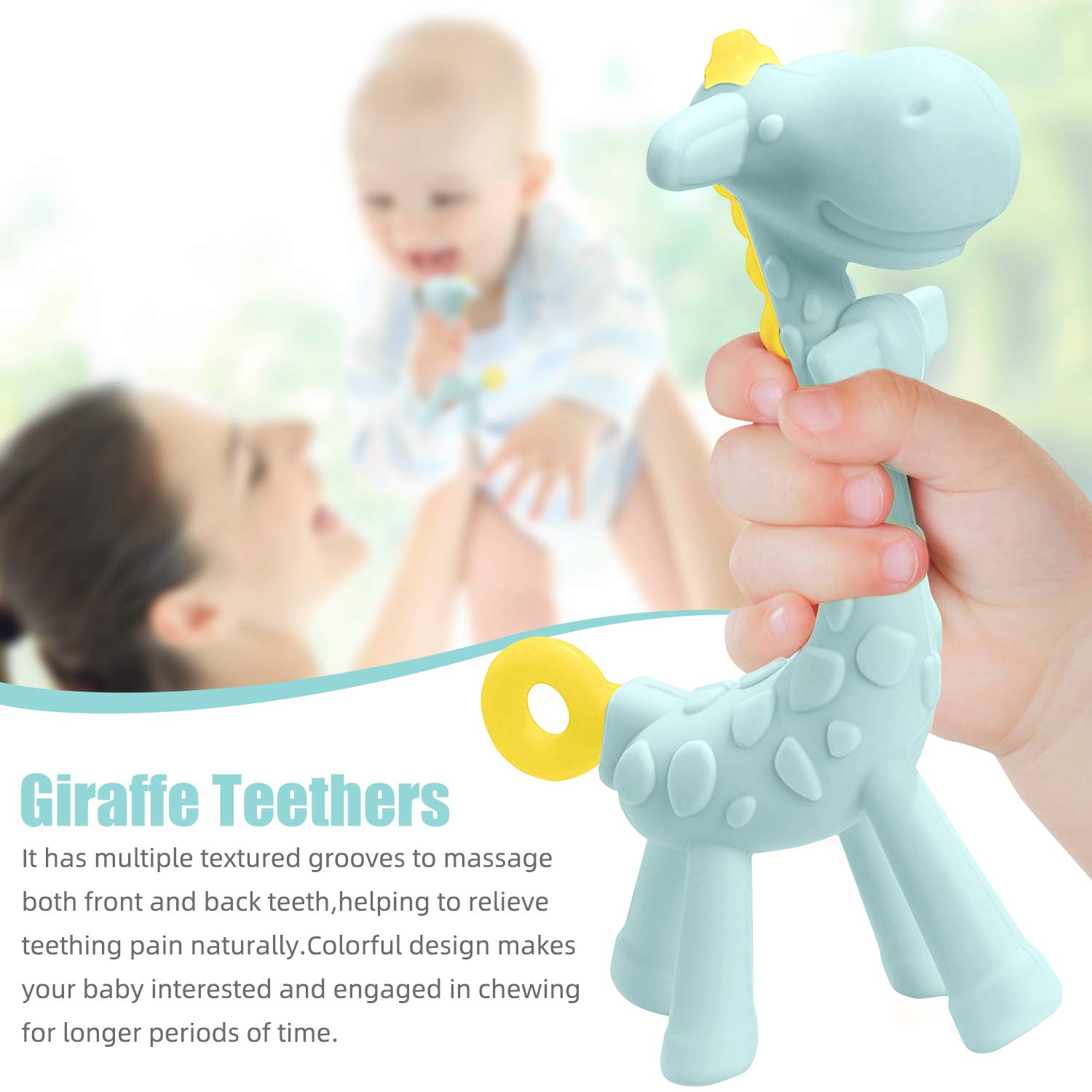 Share&Care giraffe ring teether blue is easy for little hands and aids hand-eye coordination.