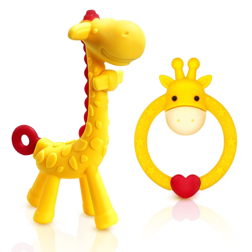 SHARE&CARE giraffe-teether-yellow close-up in BPA-free silicone for safe teething.