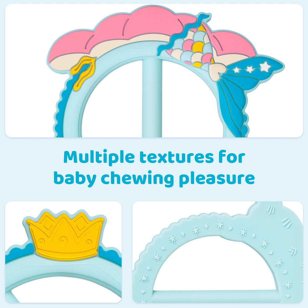 SHARE&CARE Mermaid Teether clip and stroller attachment demonstrates convenient on-the-go use