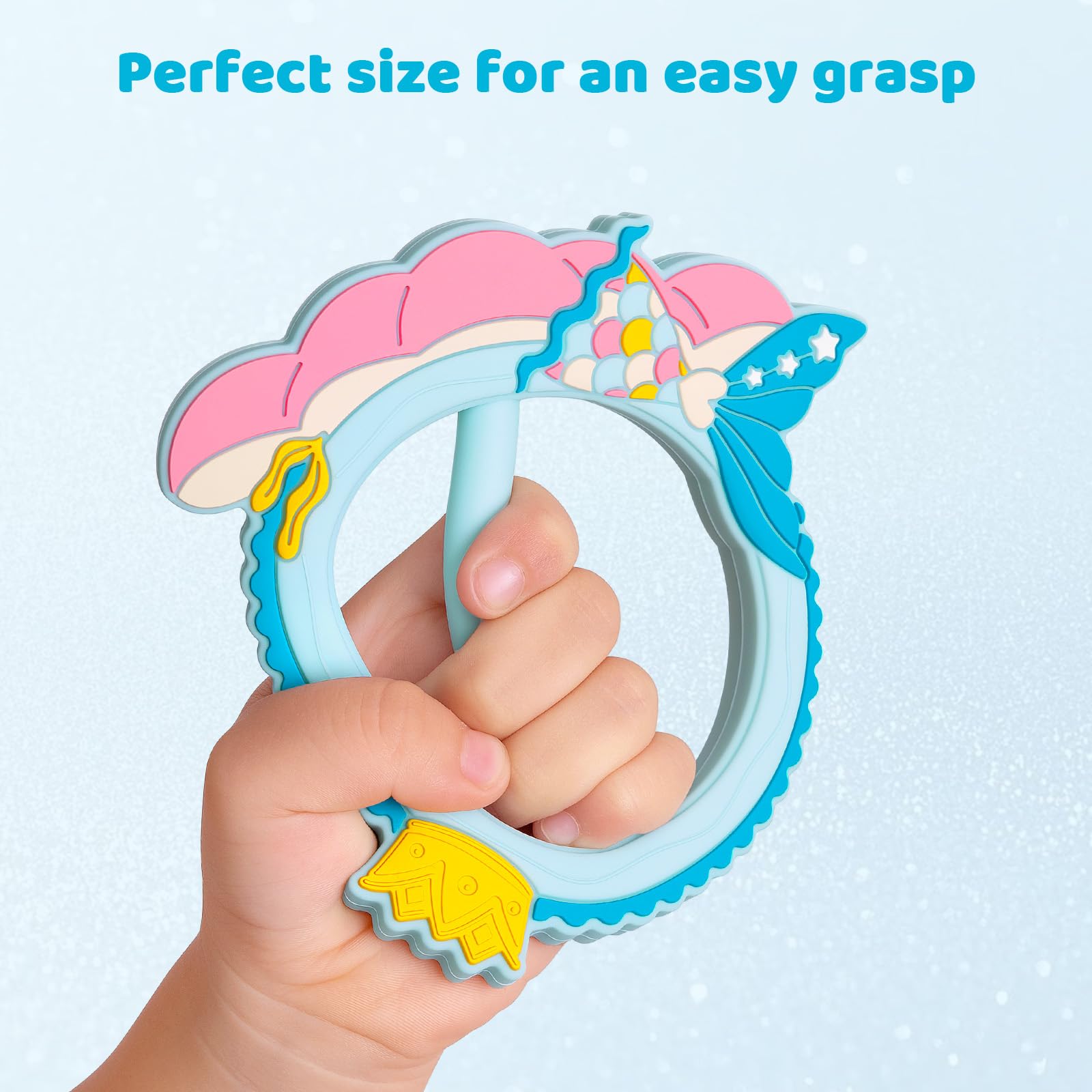 SHARE&CARE Mermaid Teether in-use shows easy hold for babies during chew time