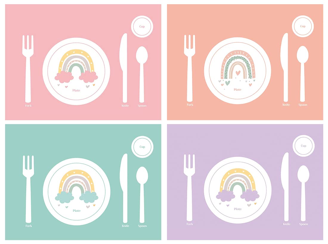 SharkBliss Montessori placemat rainbow set4 shows vibrant rainbow design to support independent toddler dining.