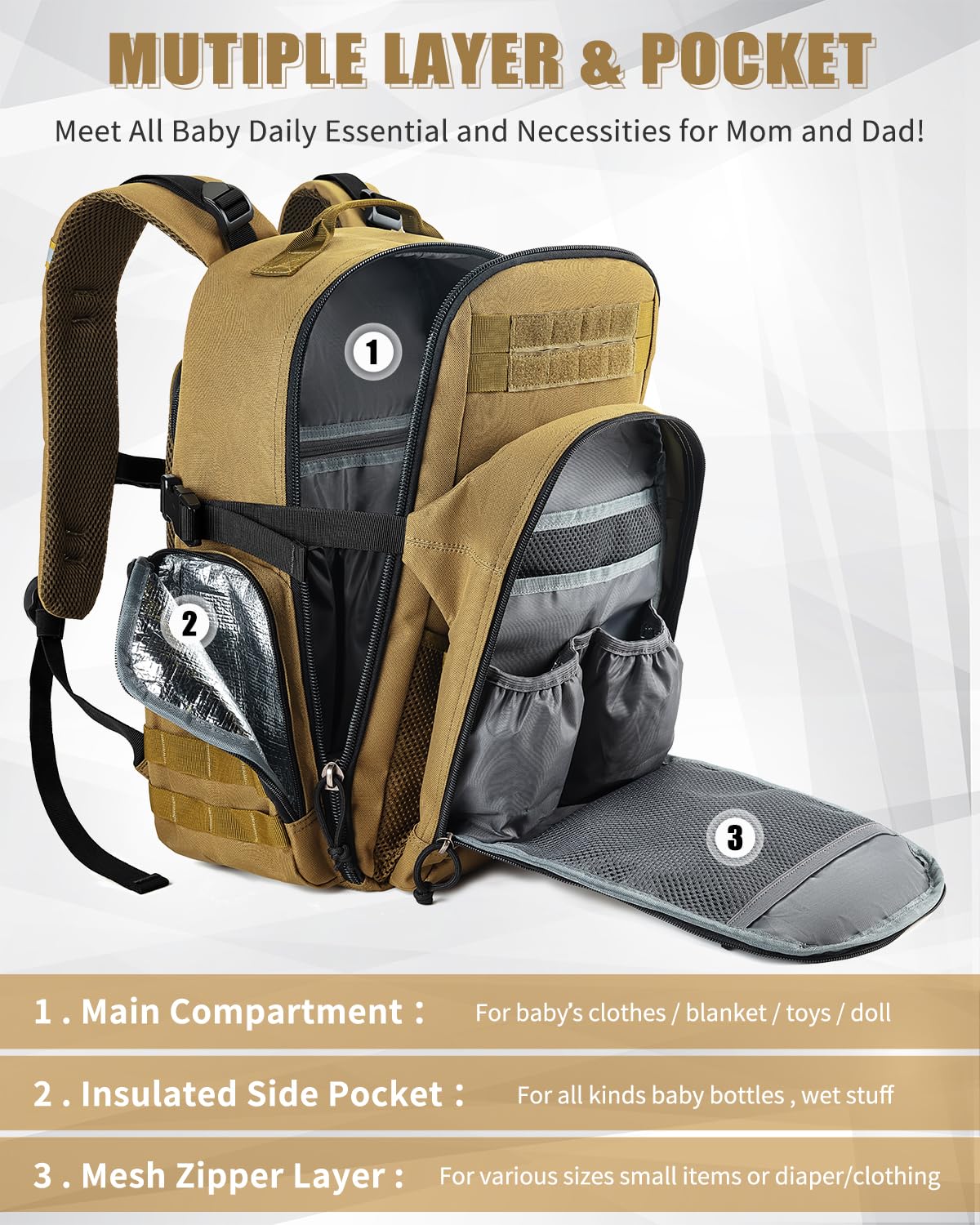 SHARKMOUTH Dad Diaper Backpack tan durable nylon construction for tough daily use.