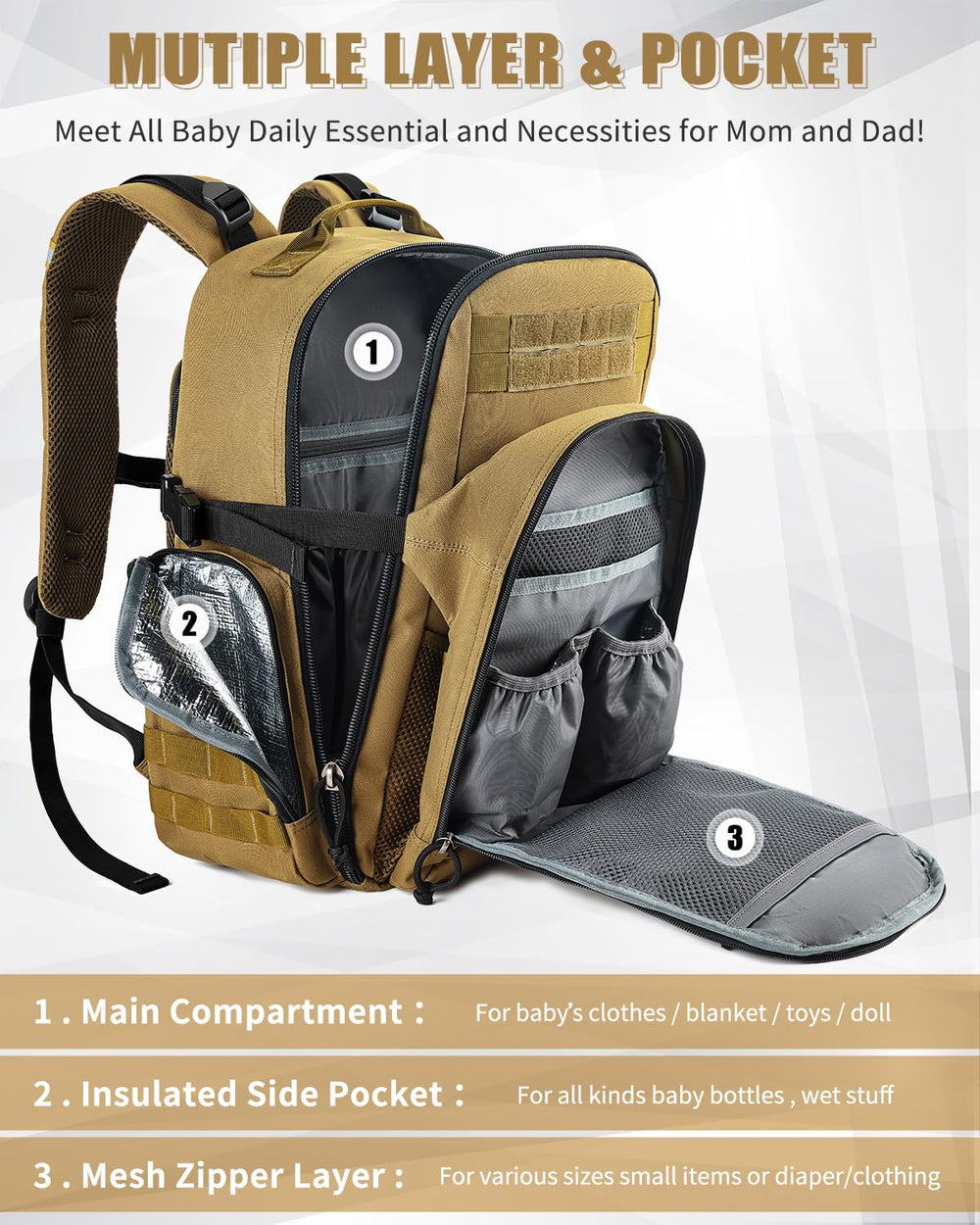 SHARKMOUTH Dad Diaper Backpack tan durable nylon construction for tough daily use.