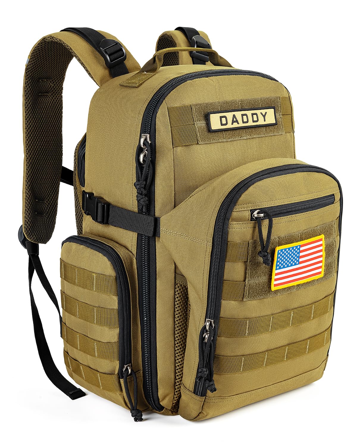 SHARKMOUTH Dad Diaper Backpack tan front view showing spacious main compartment for baby essentials.