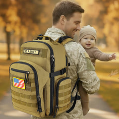 SHARKMOUTH Dad Diaper Backpack tan insulated bottle pockets for on-the-go feeding.