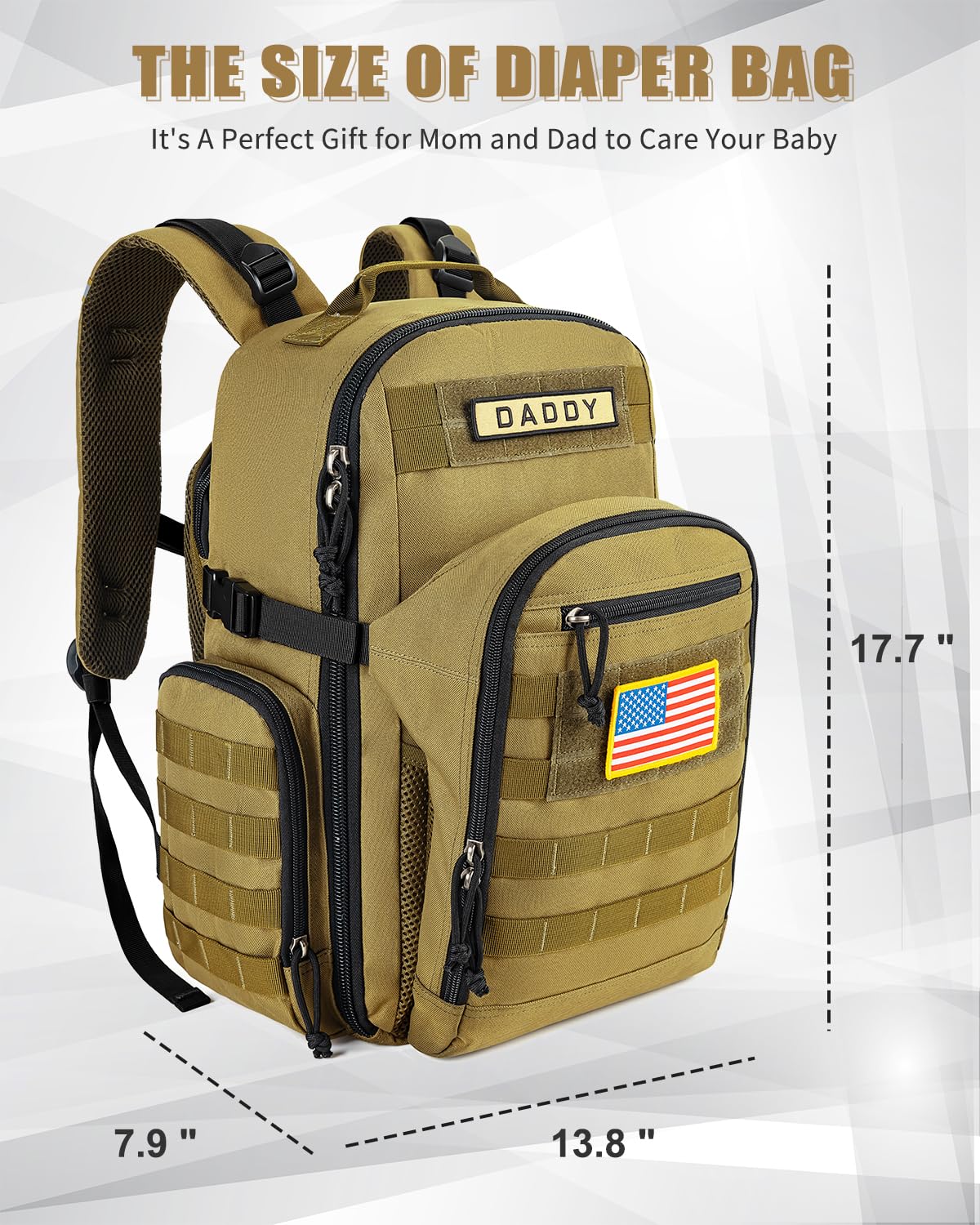 SHARKMOUTH Dad Diaper Backpack tan organized interior with 12 pockets for quick access.