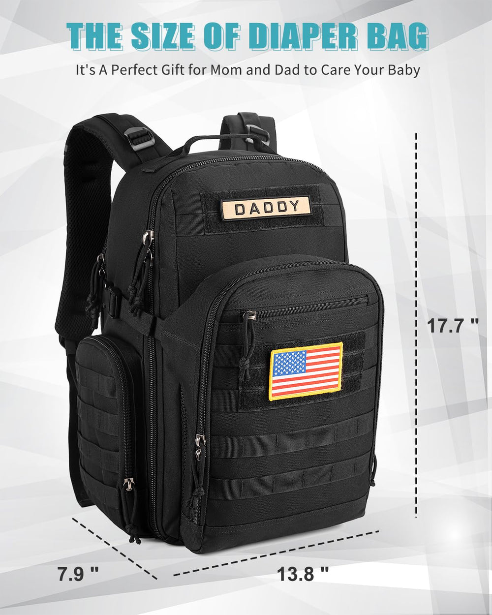 SHARKMOUTH Dad Diaper Bag Backpack patches detail enhances bold, dad-friendly styling.