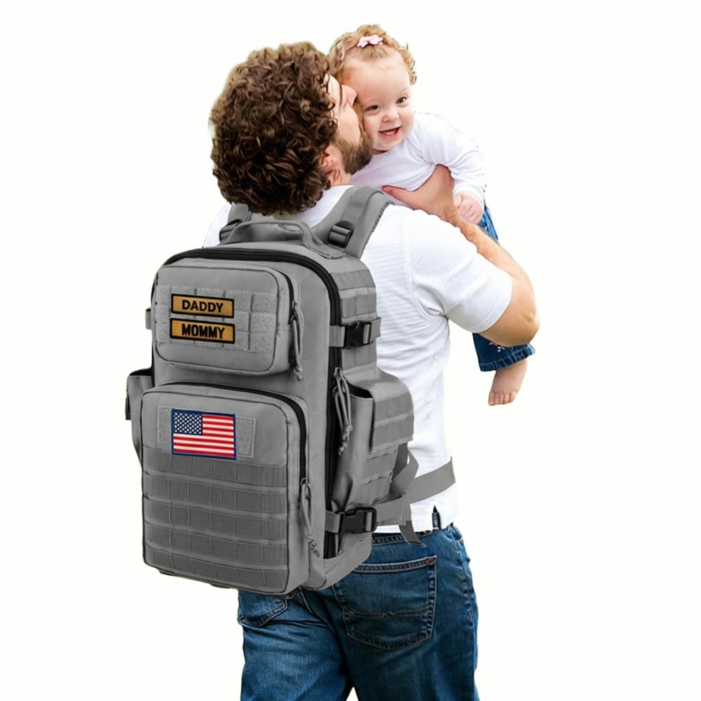 SHARKMOUTH diaper bag gray front view rugged dad-ready for outdoor use.