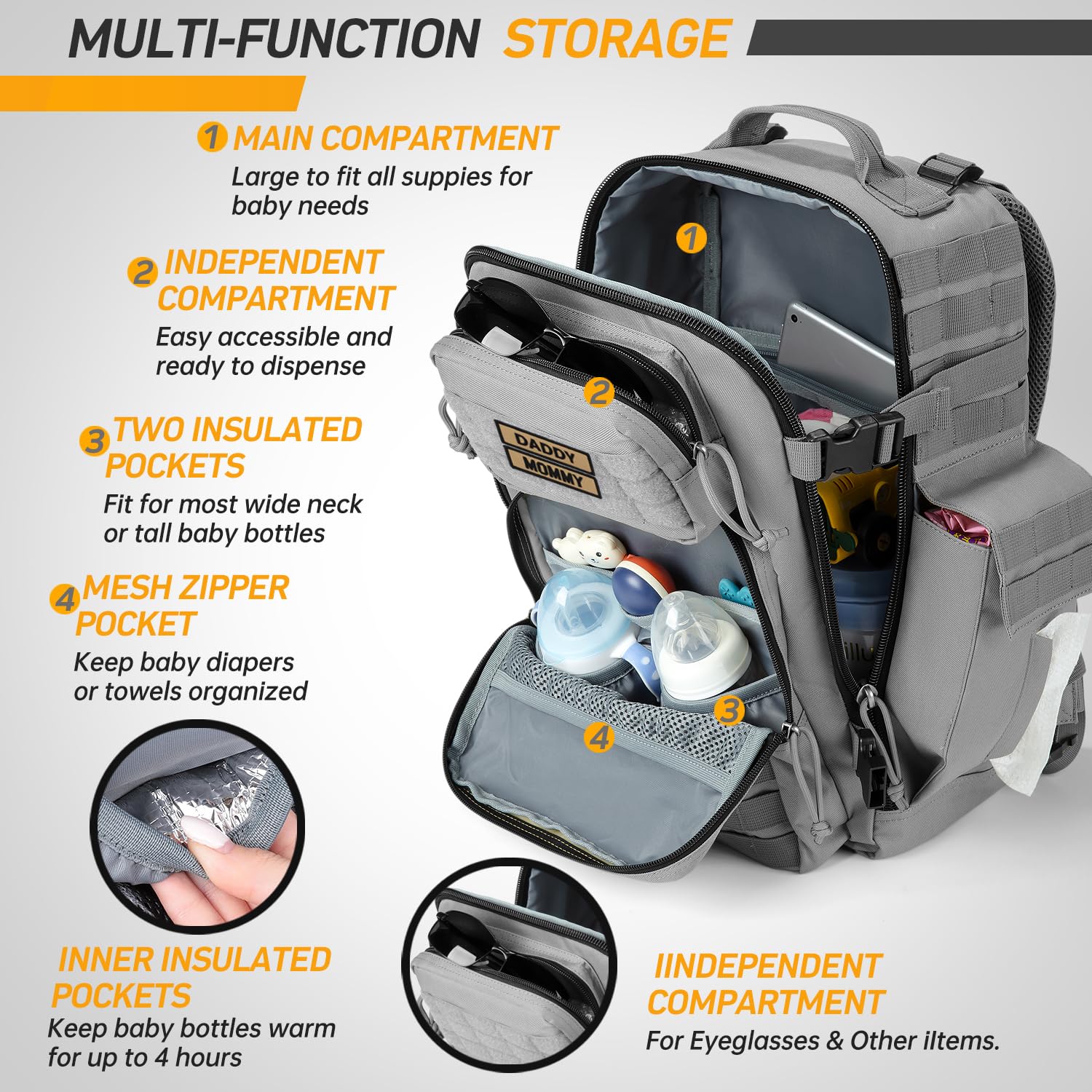 SHARKMOUTH diaper bag gray multiple pockets for quick access.