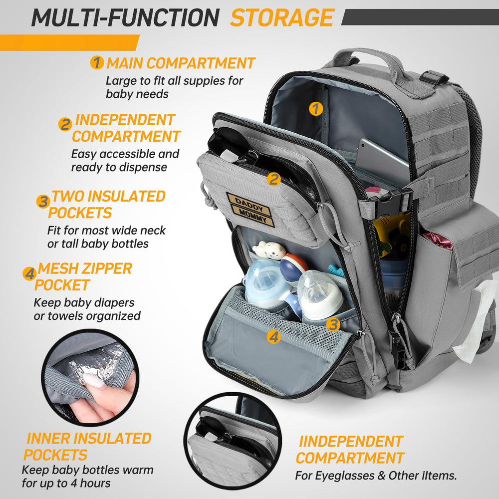 SHARKMOUTH diaper bag gray multiple pockets for quick access.