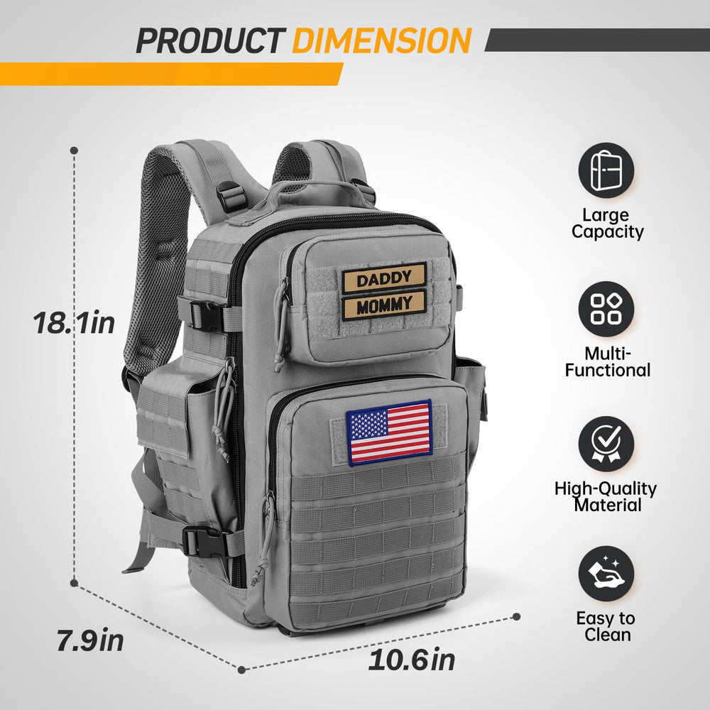 SHARKMOUTH diaper bag gray ventilated back panel for breathable wear.
